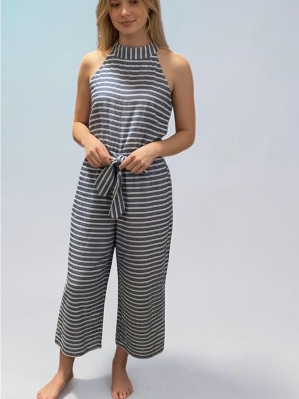 Blue and White Striped Wide-Leg Jumpsuit - Excellent Condition